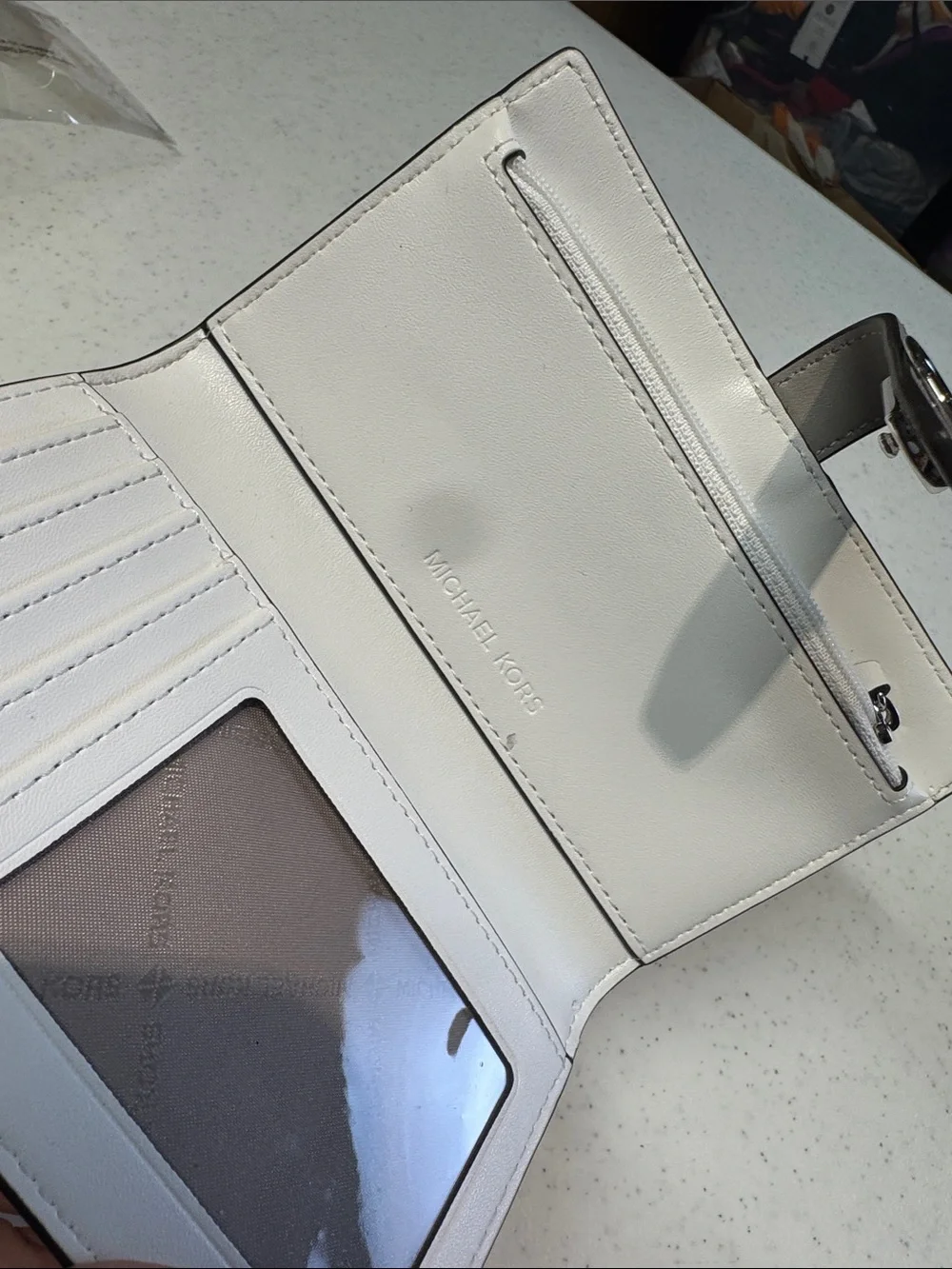 Michael Kors‎ White Wallet with Taupe Strap and Silver MK Emblem